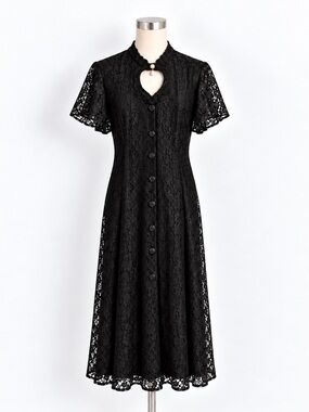 Vintage 1990s Two Roads Black Lace Pearl Keyhole Romantic Goth Dress M